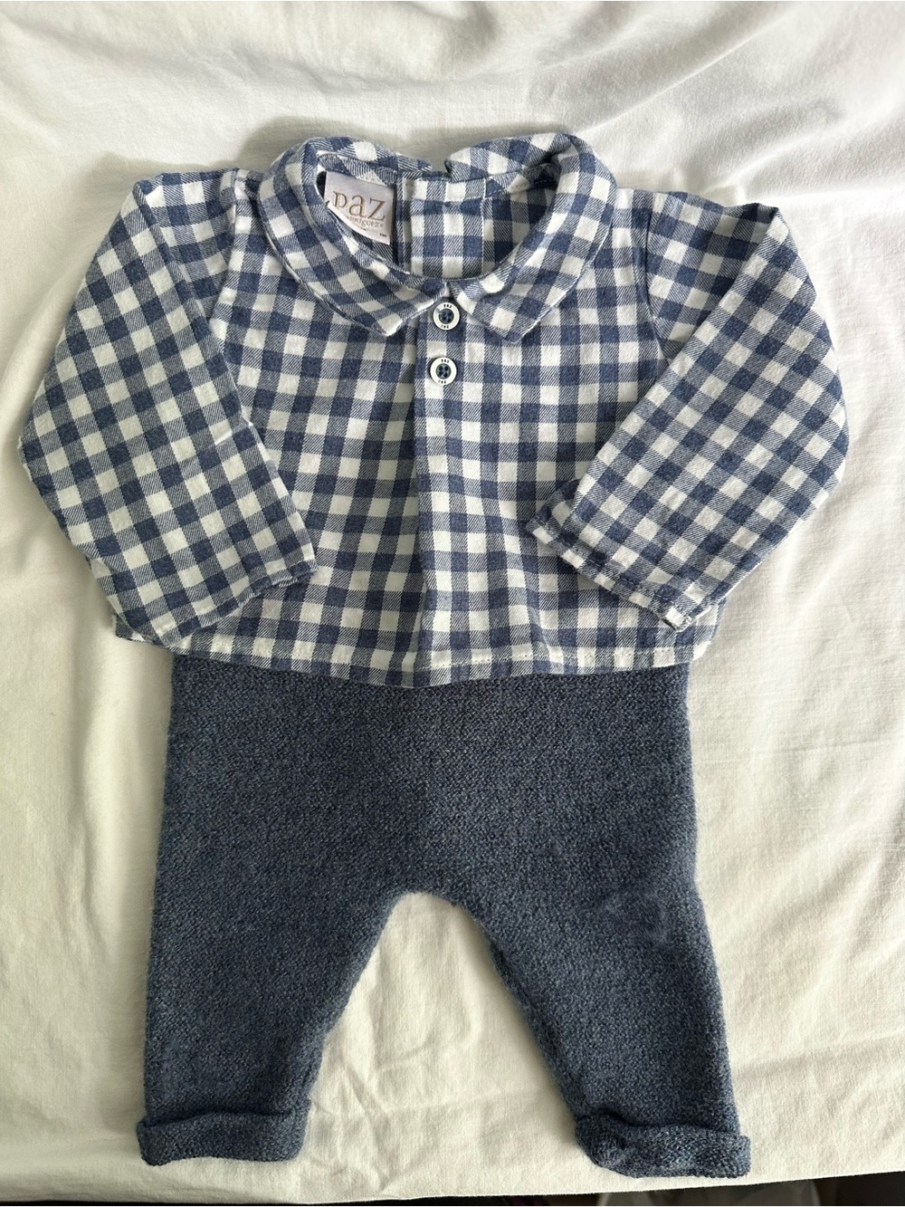 Paz Rodriguez Baby Romper 1M Blue Gingham Wool Cotton Made in Spain